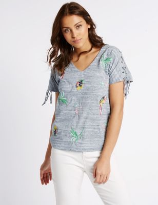 Embroidered Tie Sleeve Jersey Top